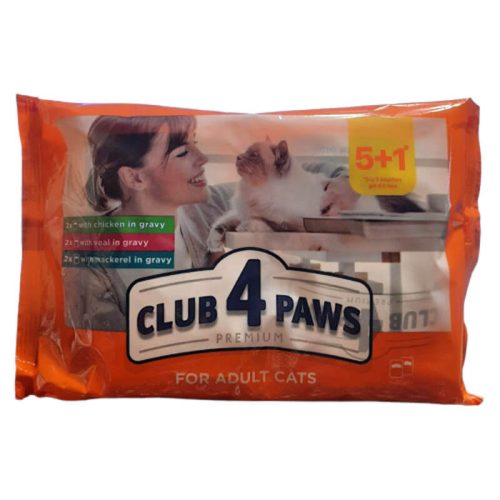 Club 4 Paws Prémium Macska Alutasakos Csirke, Borjú, Makréla szószban 6x80g