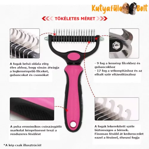 "Dematting" MAXI Kétoldalas aljszőr kiszedő, bontófésű - rózsaszín
