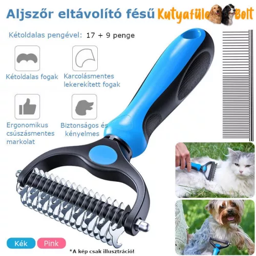 "Dematting" MAXI Kétoldalas aljszőr kiszedő, bontófésű - rózsaszín